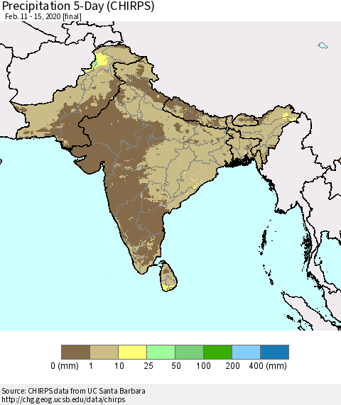 Southern Asia Precipitation 5-Day (CHIRPS) Thematic Map For 2/11/2020 - 2/15/2020