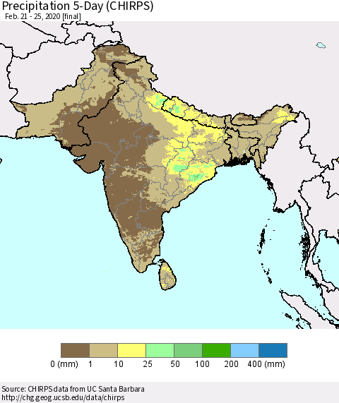 Southern Asia Precipitation 5-Day (CHIRPS) Thematic Map For 2/21/2020 - 2/25/2020