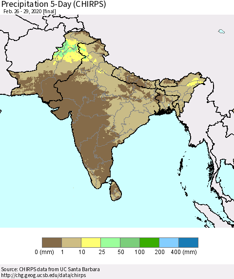 Southern Asia Precipitation 5-Day (CHIRPS) Thematic Map For 2/26/2020 - 2/29/2020