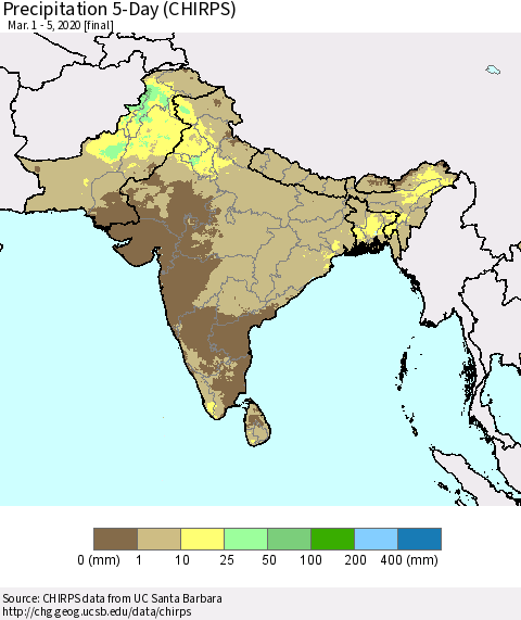 Southern Asia Precipitation 5-Day (CHIRPS) Thematic Map For 3/1/2020 - 3/5/2020