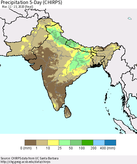 Southern Asia Precipitation 5-Day (CHIRPS) Thematic Map For 3/11/2020 - 3/15/2020