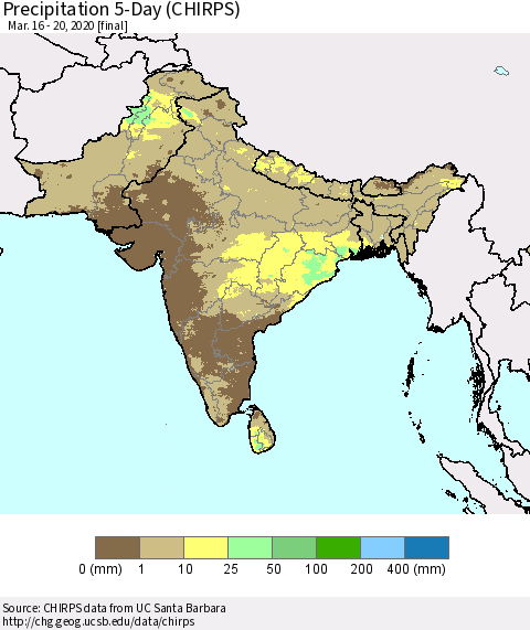 Southern Asia Precipitation 5-Day (CHIRPS) Thematic Map For 3/16/2020 - 3/20/2020