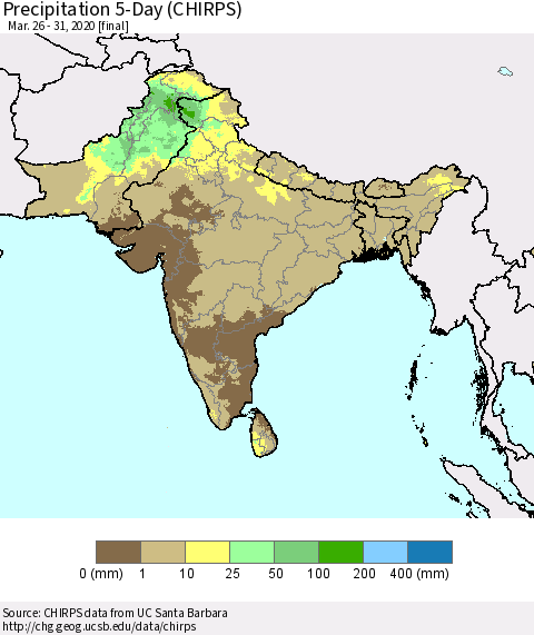 Southern Asia Precipitation 5-Day (CHIRPS) Thematic Map For 3/26/2020 - 3/31/2020