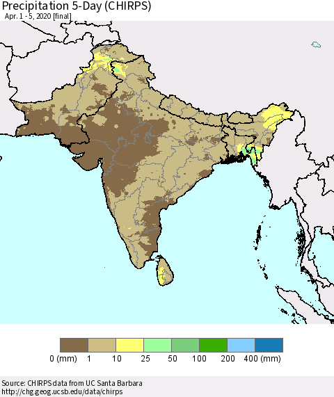 Southern Asia Precipitation 5-Day (CHIRPS) Thematic Map For 4/1/2020 - 4/5/2020