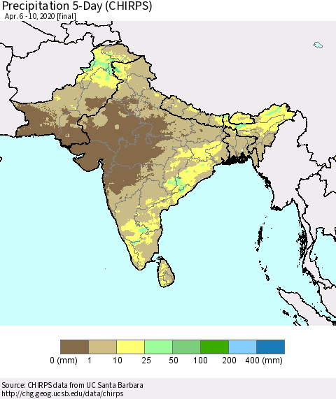 Southern Asia Precipitation 5-Day (CHIRPS) Thematic Map For 4/6/2020 - 4/10/2020