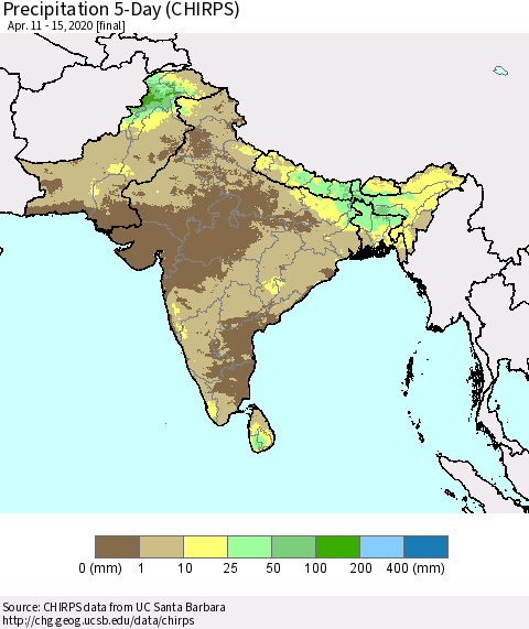 Southern Asia Precipitation 5-Day (CHIRPS) Thematic Map For 4/11/2020 - 4/15/2020