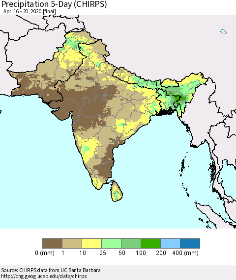 Southern Asia Precipitation 5-Day (CHIRPS) Thematic Map For 4/16/2020 - 4/20/2020
