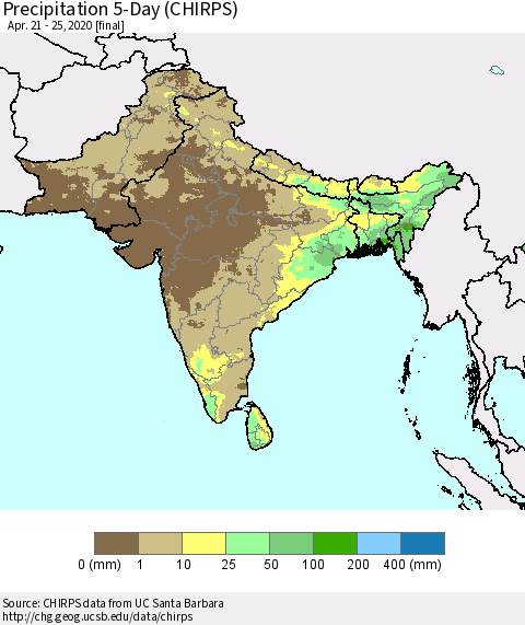 Southern Asia Precipitation 5-Day (CHIRPS) Thematic Map For 4/21/2020 - 4/25/2020