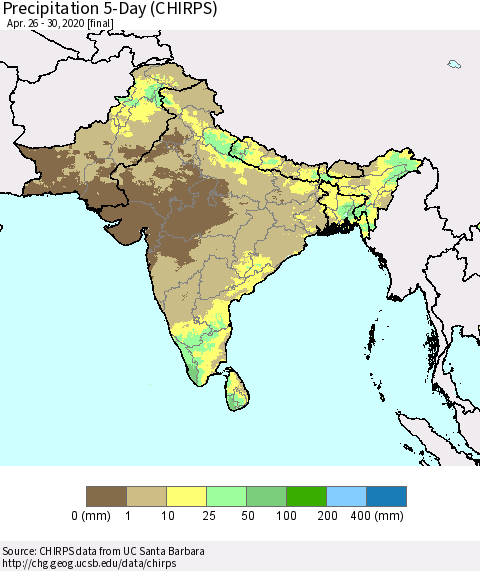 Southern Asia Precipitation 5-Day (CHIRPS) Thematic Map For 4/26/2020 - 4/30/2020