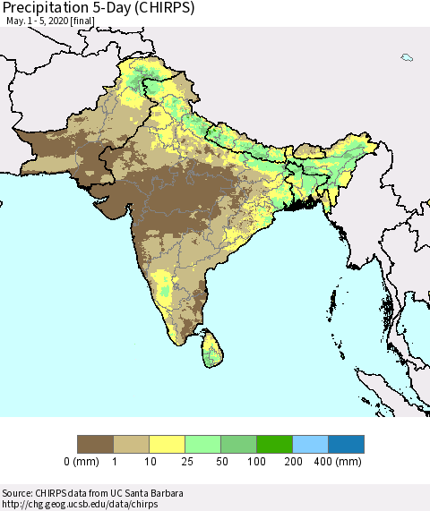 Southern Asia Precipitation 5-Day (CHIRPS) Thematic Map For 5/1/2020 - 5/5/2020