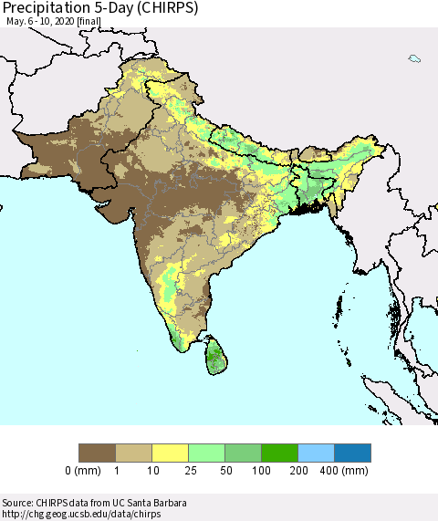 Southern Asia Precipitation 5-Day (CHIRPS) Thematic Map For 5/6/2020 - 5/10/2020