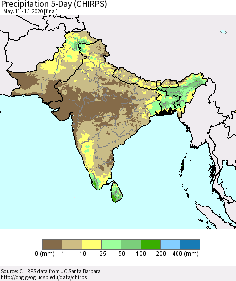 Southern Asia Precipitation 5-Day (CHIRPS) Thematic Map For 5/11/2020 - 5/15/2020