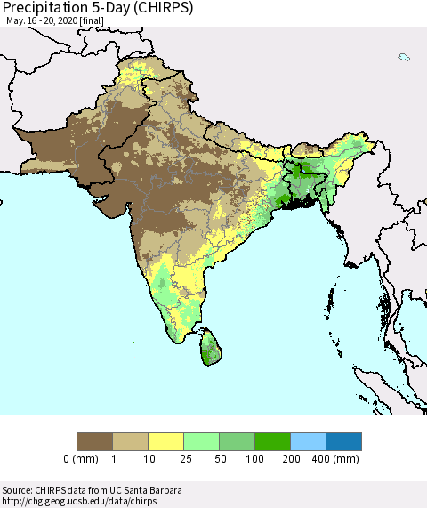 Southern Asia Precipitation 5-Day (CHIRPS) Thematic Map For 5/16/2020 - 5/20/2020