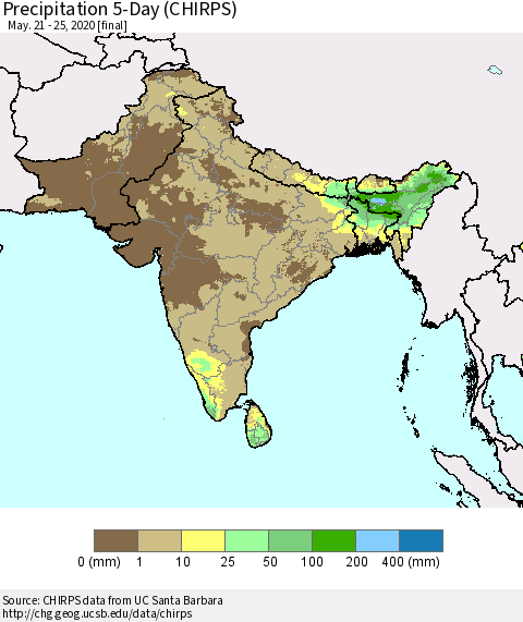 Southern Asia Precipitation 5-Day (CHIRPS) Thematic Map For 5/21/2020 - 5/25/2020