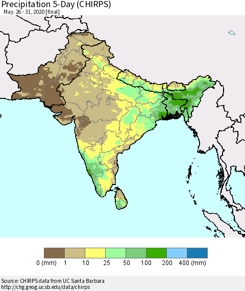Southern Asia Precipitation 5-Day (CHIRPS) Thematic Map For 5/26/2020 - 5/31/2020