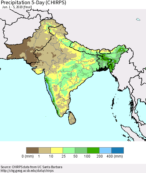Southern Asia Precipitation 5-Day (CHIRPS) Thematic Map For 6/1/2020 - 6/5/2020