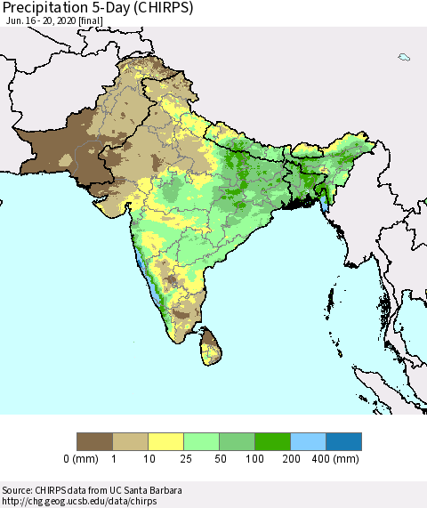 Southern Asia Precipitation 5-Day (CHIRPS) Thematic Map For 6/16/2020 - 6/20/2020