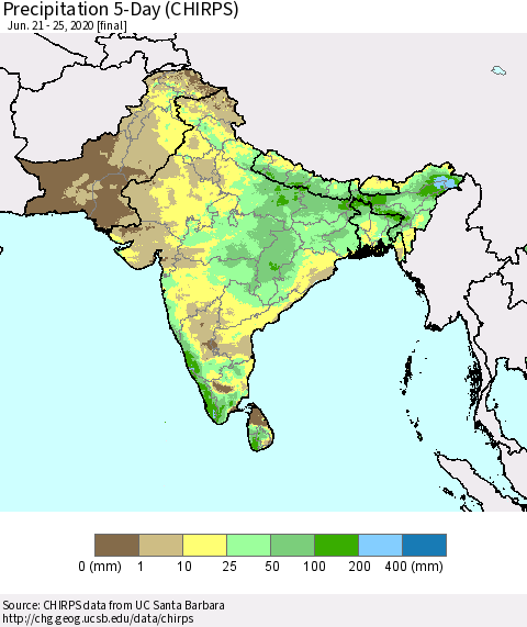 Southern Asia Precipitation 5-Day (CHIRPS) Thematic Map For 6/21/2020 - 6/25/2020