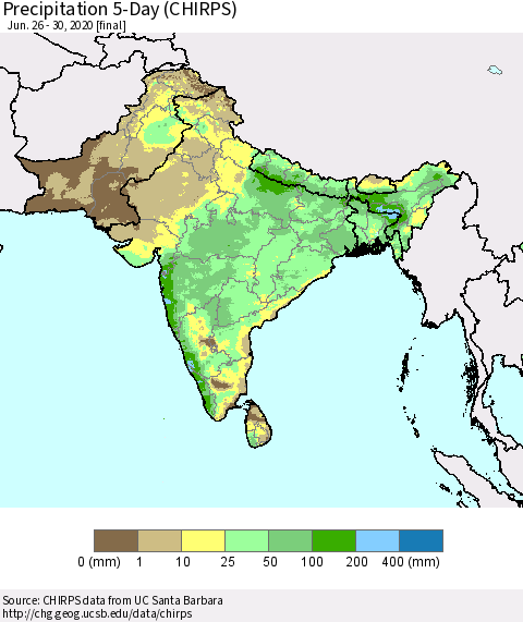 Southern Asia Precipitation 5-Day (CHIRPS) Thematic Map For 6/26/2020 - 6/30/2020