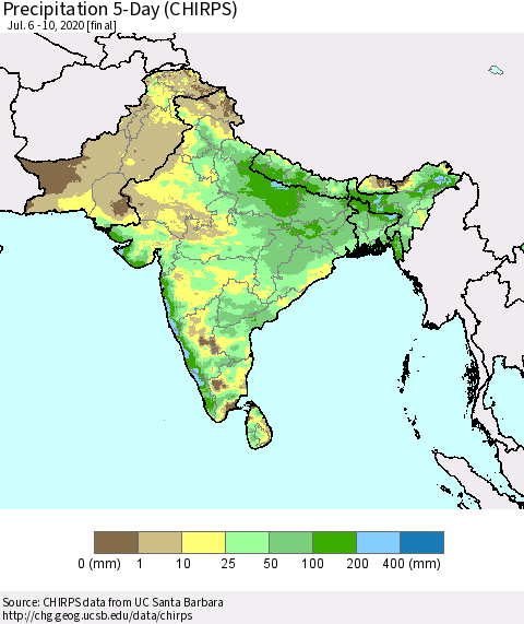Southern Asia Precipitation 5-Day (CHIRPS) Thematic Map For 7/6/2020 - 7/10/2020