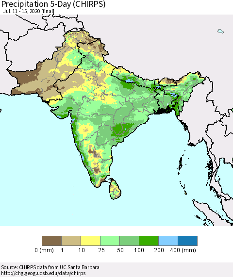 Southern Asia Precipitation 5-Day (CHIRPS) Thematic Map For 7/11/2020 - 7/15/2020