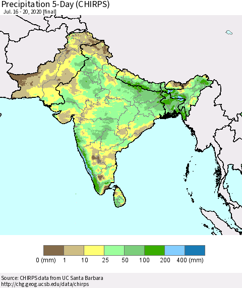 Southern Asia Precipitation 5-Day (CHIRPS) Thematic Map For 7/16/2020 - 7/20/2020
