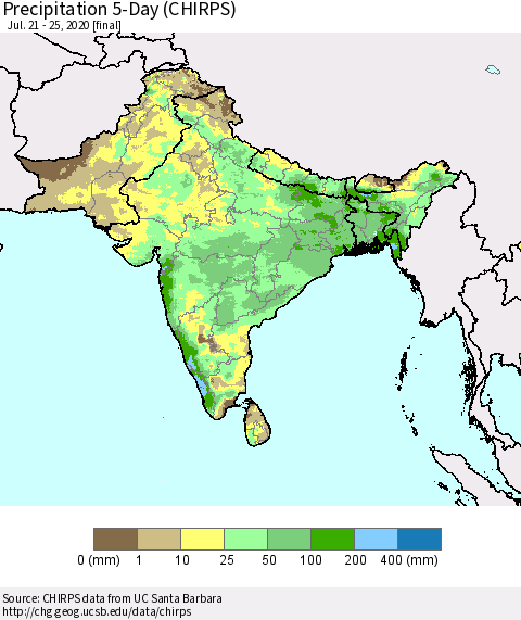 Southern Asia Precipitation 5-Day (CHIRPS) Thematic Map For 7/21/2020 - 7/25/2020