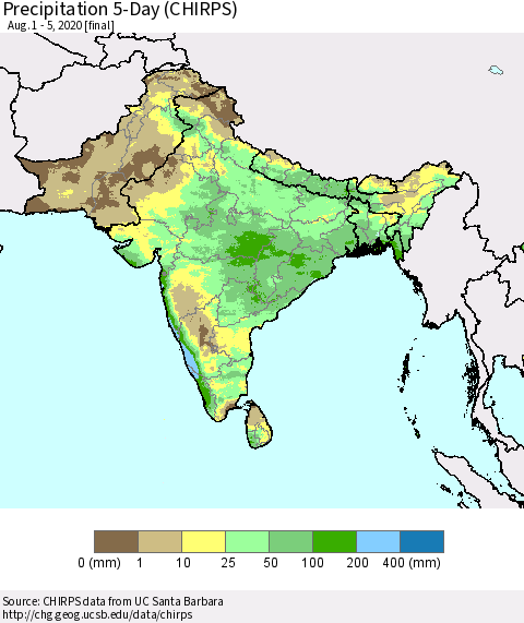 Southern Asia Precipitation 5-Day (CHIRPS) Thematic Map For 8/1/2020 - 8/5/2020