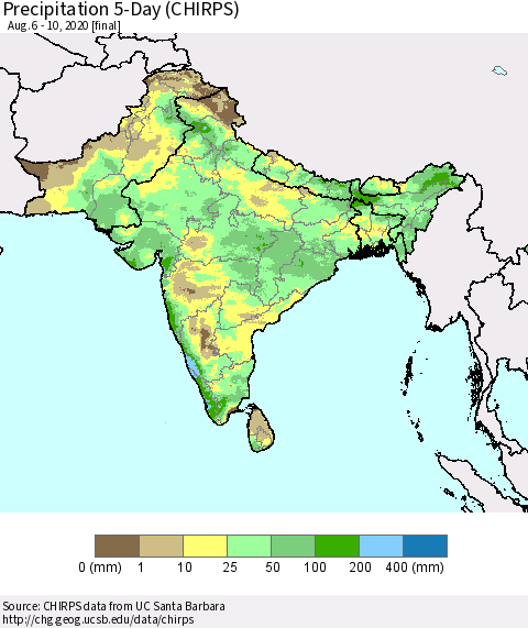Southern Asia Precipitation 5-Day (CHIRPS) Thematic Map For 8/6/2020 - 8/10/2020