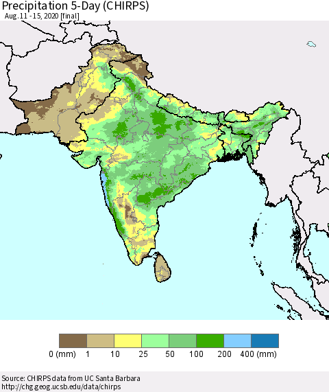 Southern Asia Precipitation 5-Day (CHIRPS) Thematic Map For 8/11/2020 - 8/15/2020
