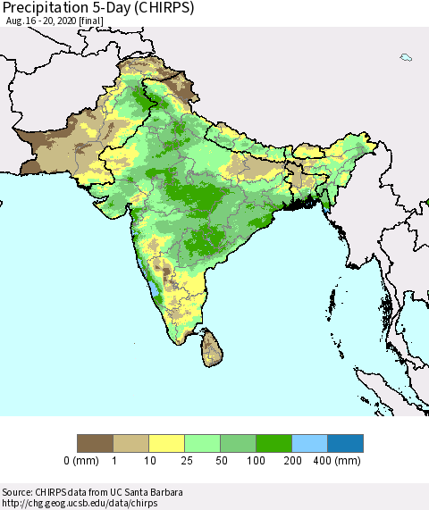 Southern Asia Precipitation 5-Day (CHIRPS) Thematic Map For 8/16/2020 - 8/20/2020