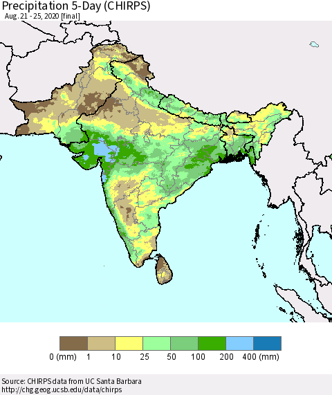 Southern Asia Precipitation 5-Day (CHIRPS) Thematic Map For 8/21/2020 - 8/25/2020
