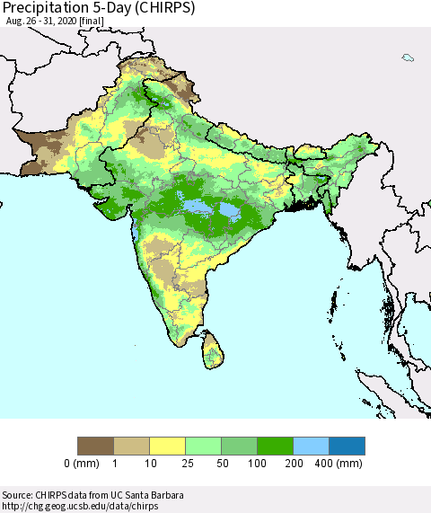 Southern Asia Precipitation 5-Day (CHIRPS) Thematic Map For 8/26/2020 - 8/31/2020