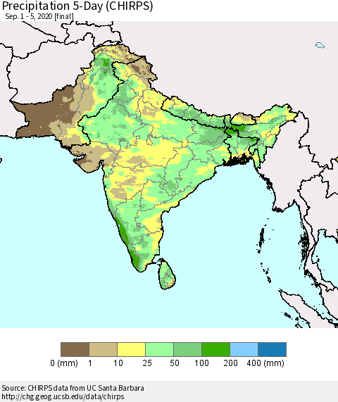 Southern Asia Precipitation 5-Day (CHIRPS) Thematic Map For 9/1/2020 - 9/5/2020