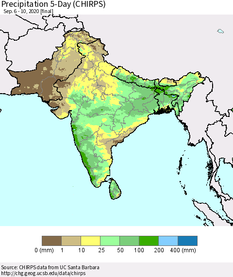 Southern Asia Precipitation 5-Day (CHIRPS) Thematic Map For 9/6/2020 - 9/10/2020