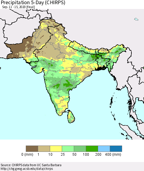 Southern Asia Precipitation 5-Day (CHIRPS) Thematic Map For 9/11/2020 - 9/15/2020