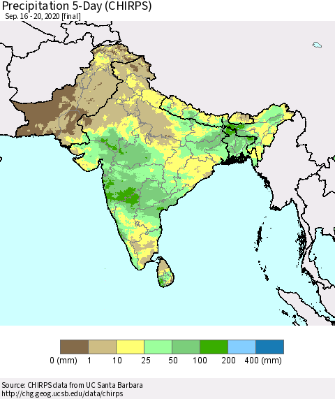 Southern Asia Precipitation 5-Day (CHIRPS) Thematic Map For 9/16/2020 - 9/20/2020