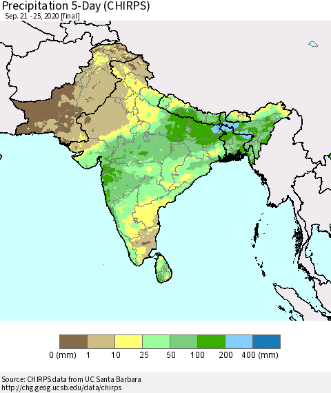 Southern Asia Precipitation 5-Day (CHIRPS) Thematic Map For 9/21/2020 - 9/25/2020
