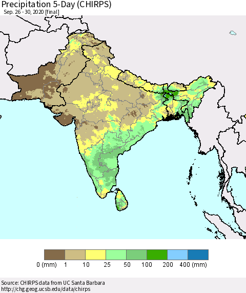 Southern Asia Precipitation 5-Day (CHIRPS) Thematic Map For 9/26/2020 - 9/30/2020
