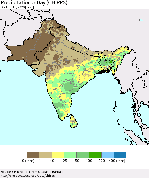 Southern Asia Precipitation 5-Day (CHIRPS) Thematic Map For 10/6/2020 - 10/10/2020