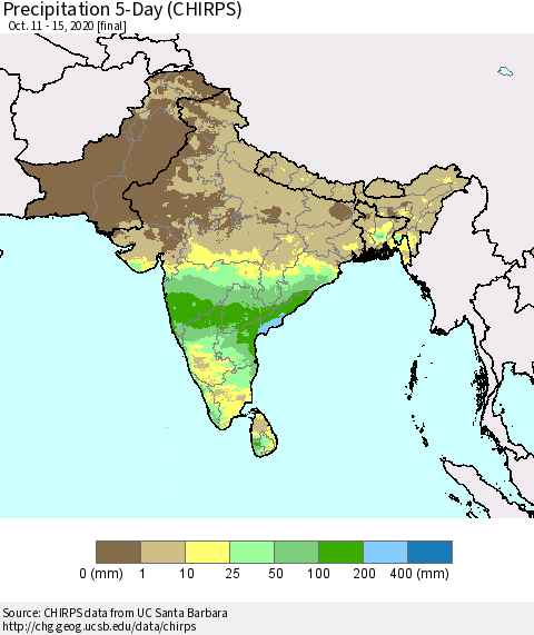 Southern Asia Precipitation 5-Day (CHIRPS) Thematic Map For 10/11/2020 - 10/15/2020