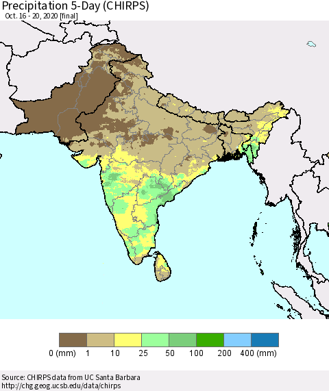 Southern Asia Precipitation 5-Day (CHIRPS) Thematic Map For 10/16/2020 - 10/20/2020