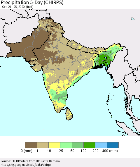 Southern Asia Precipitation 5-Day (CHIRPS) Thematic Map For 10/21/2020 - 10/25/2020