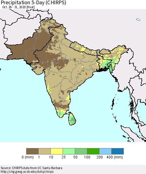 Southern Asia Precipitation 5-Day (CHIRPS) Thematic Map For 10/26/2020 - 10/31/2020