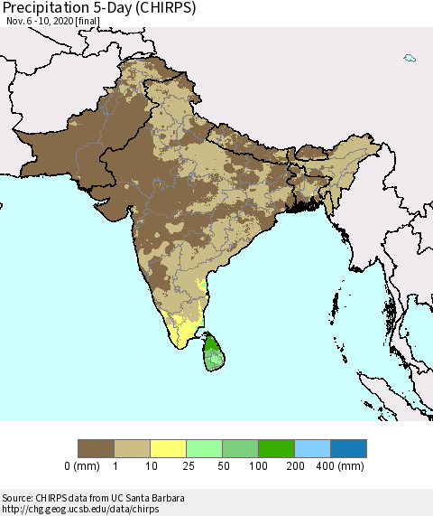 Southern Asia Precipitation 5-Day (CHIRPS) Thematic Map For 11/6/2020 - 11/10/2020