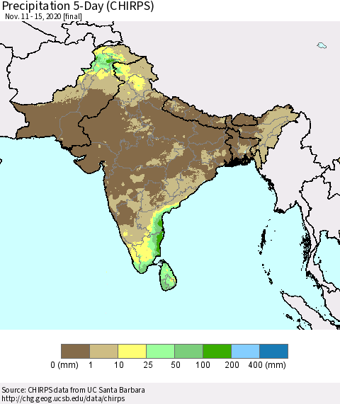 Southern Asia Precipitation 5-Day (CHIRPS) Thematic Map For 11/11/2020 - 11/15/2020