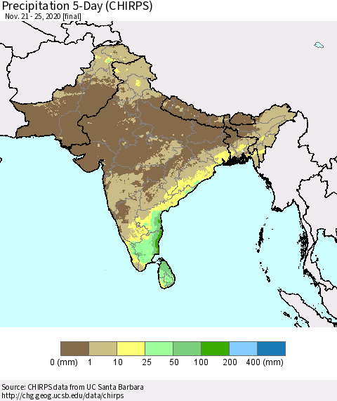 Southern Asia Precipitation 5-Day (CHIRPS) Thematic Map For 11/21/2020 - 11/25/2020