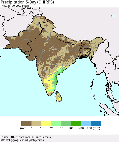 Southern Asia Precipitation 5-Day (CHIRPS) Thematic Map For 11/26/2020 - 11/30/2020