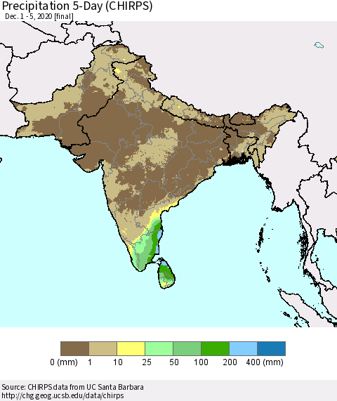 Southern Asia Precipitation 5-Day (CHIRPS) Thematic Map For 12/1/2020 - 12/5/2020