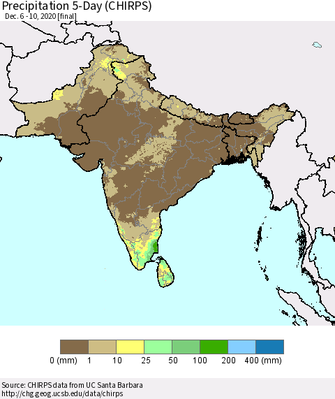 Southern Asia Precipitation 5-Day (CHIRPS) Thematic Map For 12/6/2020 - 12/10/2020